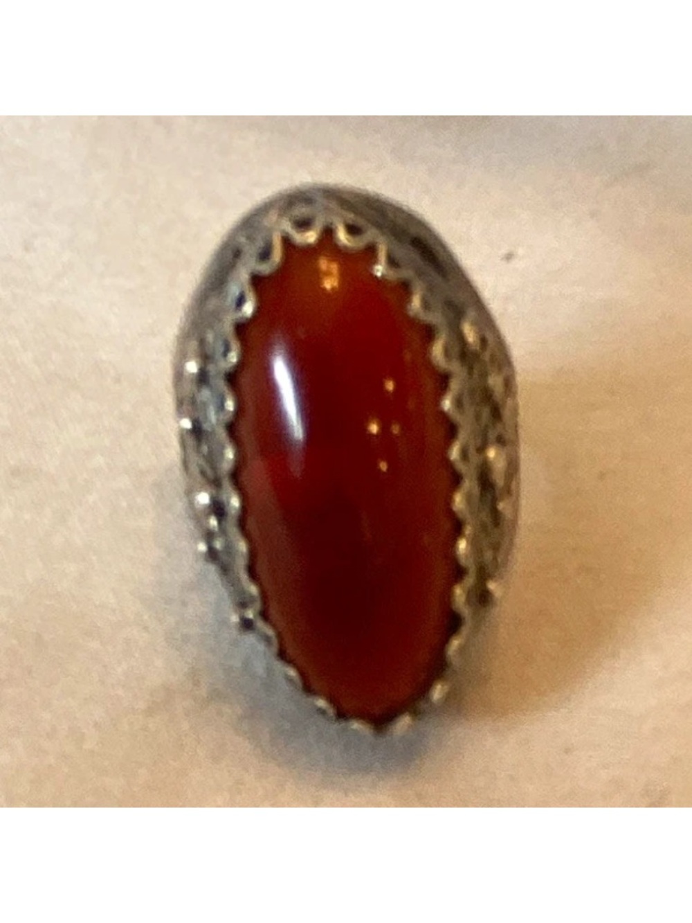 Sterling Silver Openwork Scroll Ottoman Inspired w/Red Cabochon. Unmarked Tested